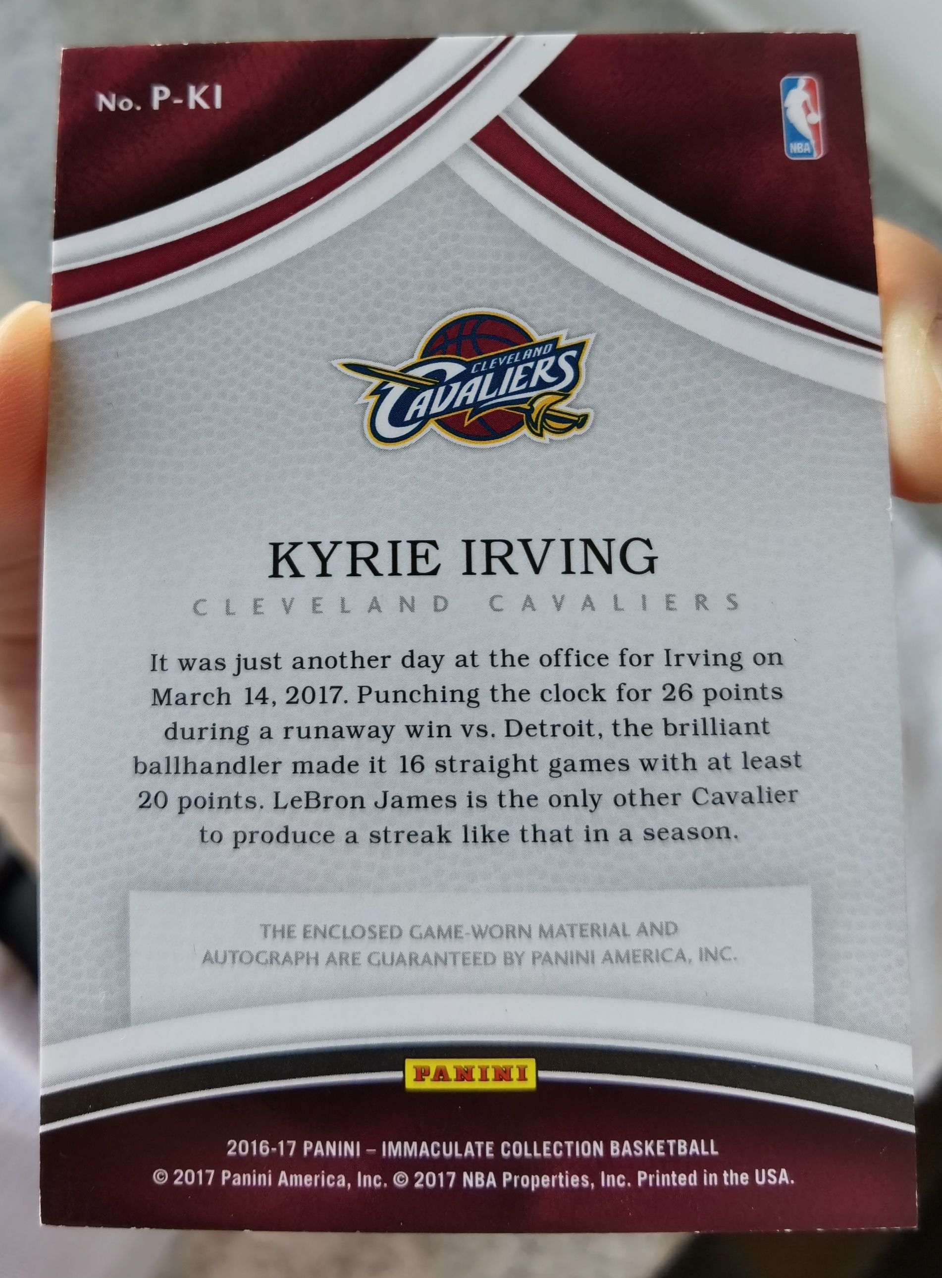 凯里 欧文 imm pa 签字 kyrie irving 16-17 immaculate patch auto